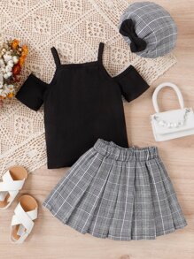SHEIN Young Girl Cold Shoulder Tee & Plaid Pleated Bow Front Skirt & Hat