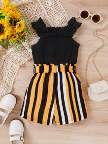 SHEIN Toddler Girls Ruffle Trim Cami Top & Striped Belted Shorts - Multicolor - View 2