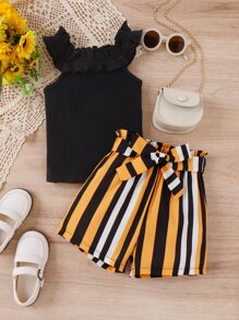 SHEIN Toddler Girls Ruffle Trim Cami Top & Striped Belted Shorts - Multicolor - View 3