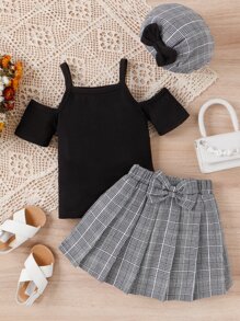 SHEIN Young Girl Cold Shoulder Tee & Plaid Pleated Bow Front Skirt & Hat