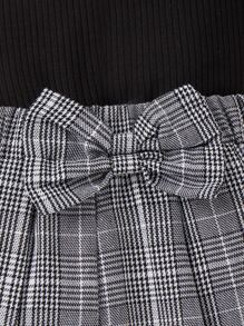 SHEIN Young Girl Cold Shoulder Tee & Plaid Pleated Bow Front Skirt & Hat