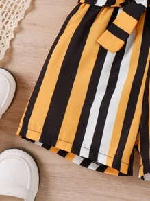 SHEIN Toddler Girls Ruffle Trim Cami Top & Striped Belted Shorts - Multicolor - View 6