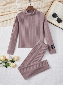 SHEIN Girls Letter Patched Detail Mock Neck Tee & Leggings - Mauve Purple - View 1