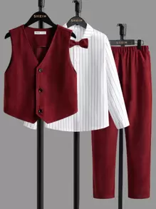 SHEIN Boys Bow Front Shirt & Vest Jacket & Trousers - Multicolor - View 1