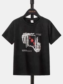SHEIN Boys Skeleton & Slogan Graphic Tee - Black - View 1