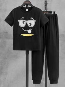 SHEIN Boys Cartoon Graphic Tee & Joggers - Black - View 1