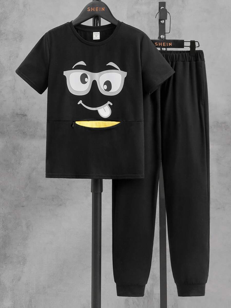 SHEIN Boys Cartoon Graphic Tee & Joggers - Black - View 1