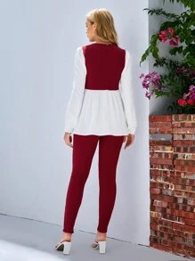 SHEIN Maternity Button Front Peplum Long Sleeve Top & Adjustable Waist Leggings - Burgundy - View 2