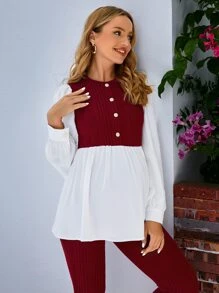 SHEIN Maternity Button Front Peplum Long Sleeve Top & Adjustable Waist Leggings - Burgundy - View 4