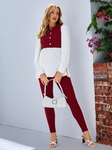 SHEIN Maternity Button Front Peplum Long Sleeve Top & Adjustable Waist Leggings - Burgundy - View 6