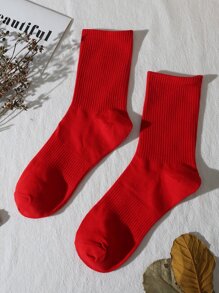 1 Pair/2 Pairs Unisex Solid Color Socks, Minimalist Design, Versatile, Suitable For Casual, Sports, Daily Wear - Red - View 1