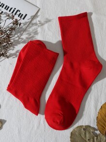 1 Pair/2 Pairs Unisex Solid Color Socks, Minimalist Design, Versatile, Suitable For Casual, Sports, Daily Wear - Red - View 3