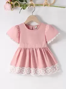 Bebé Vestido panel con encaje ribete con fruncido - Rosa - Ver 1
