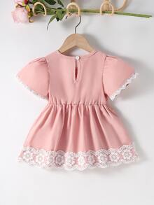 Bebé Vestido panel con encaje ribete con fruncido - Rosa - Ver 2