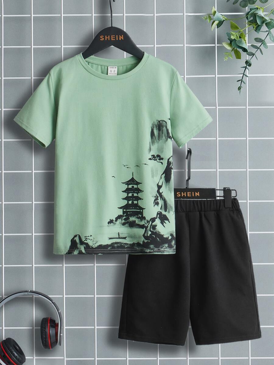 SHEIN 男孩山水圖案T恤和短褲