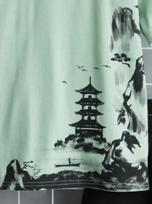 SHEIN 男孩山水圖案T恤和短褲