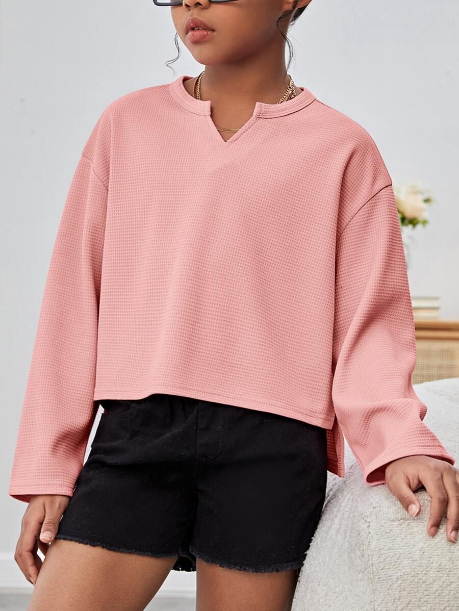 SHEIN Girls Notched Neck Drop Shoulder High Low Hem Tee - Coral Pink - View 1