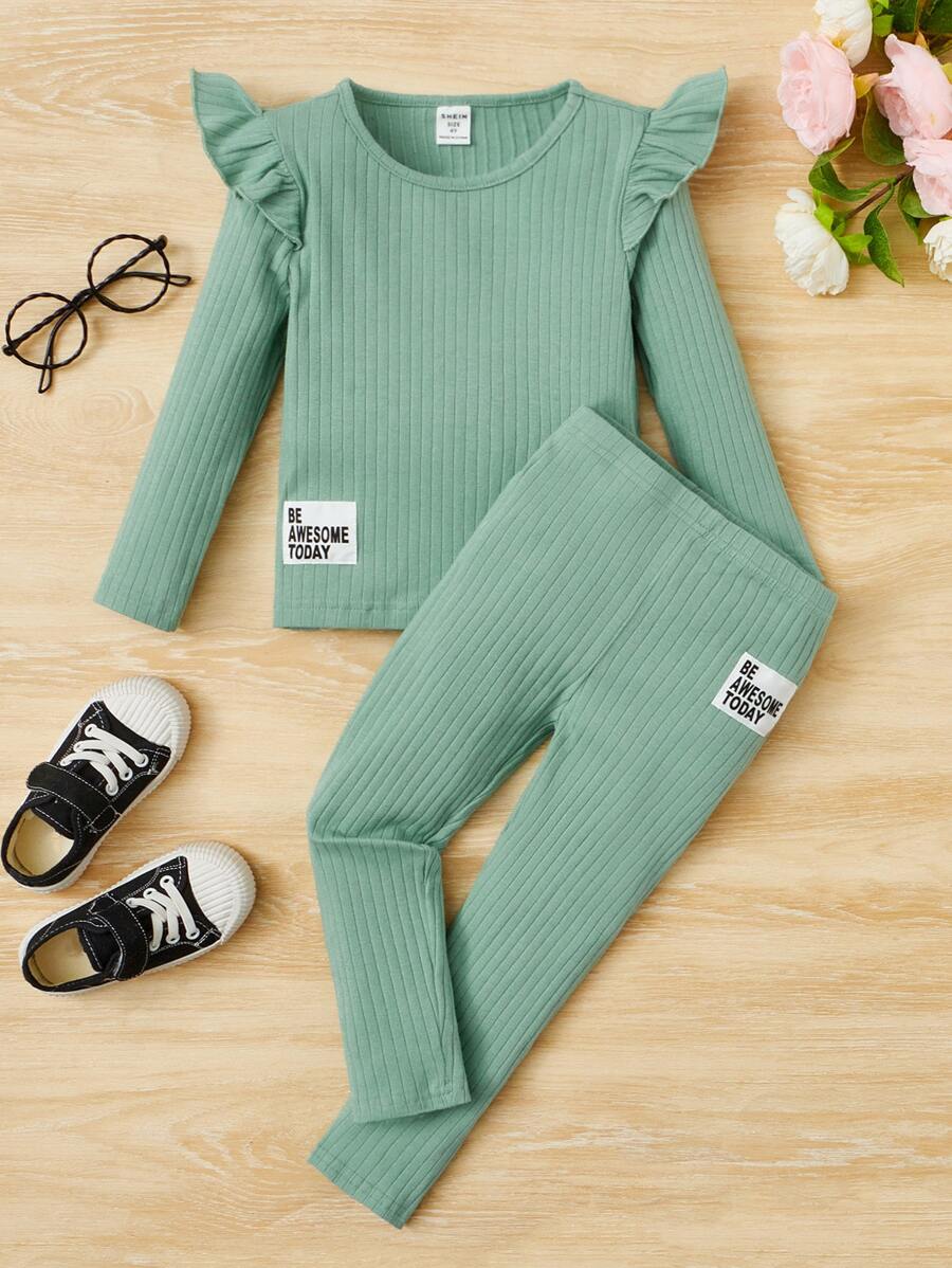 SHEIN Toddler Girls Ruffle Trim Tee & Letter Patched Leggings - Mint Green - View 1