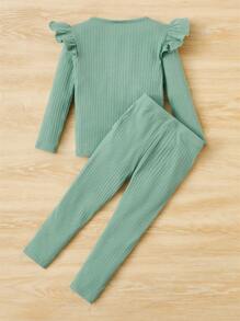 SHEIN Toddler Girls Ruffle Trim Tee & Letter Patched Leggings - Mint Green - View 2