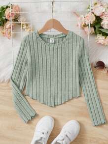 SHEIN Tween Girl純色長袖T卹，帶有荷葉邊和手帕邊 - 薄荷綠 - 查看 1