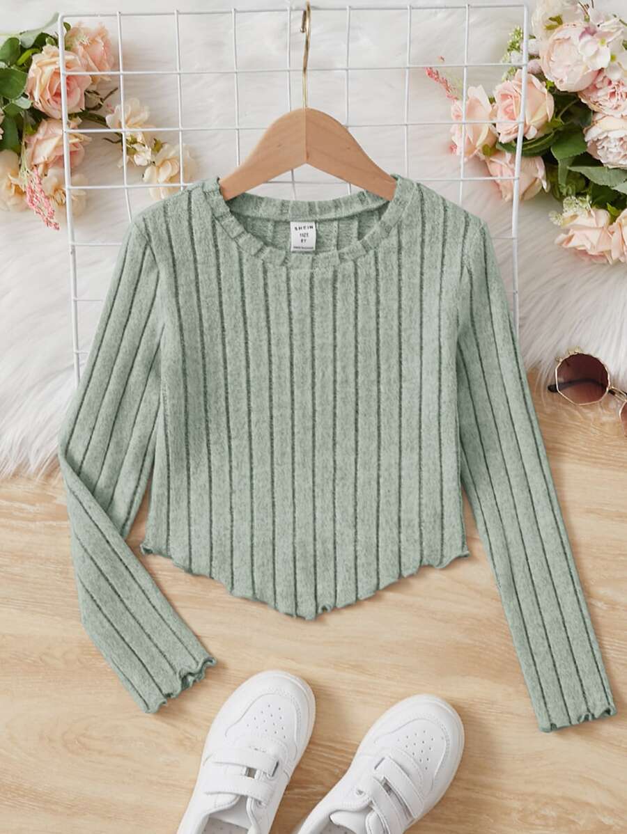 SHEIN Tween Girl純色長袖T卹，帶有荷葉邊和手帕邊 - 薄荷綠 - 查看 1