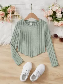 SHEIN Tween Girl純色長袖T卹，帶有荷葉邊和手帕邊 - 薄荷綠 - 查看 5