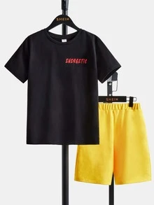 SHEIN Boys Slogan Graphic Tee & Shorts - Multicolor - View 2