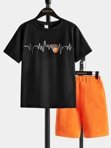 SHEIN Boys Basketball Print Tee & Shorts - Multicolor - View 1