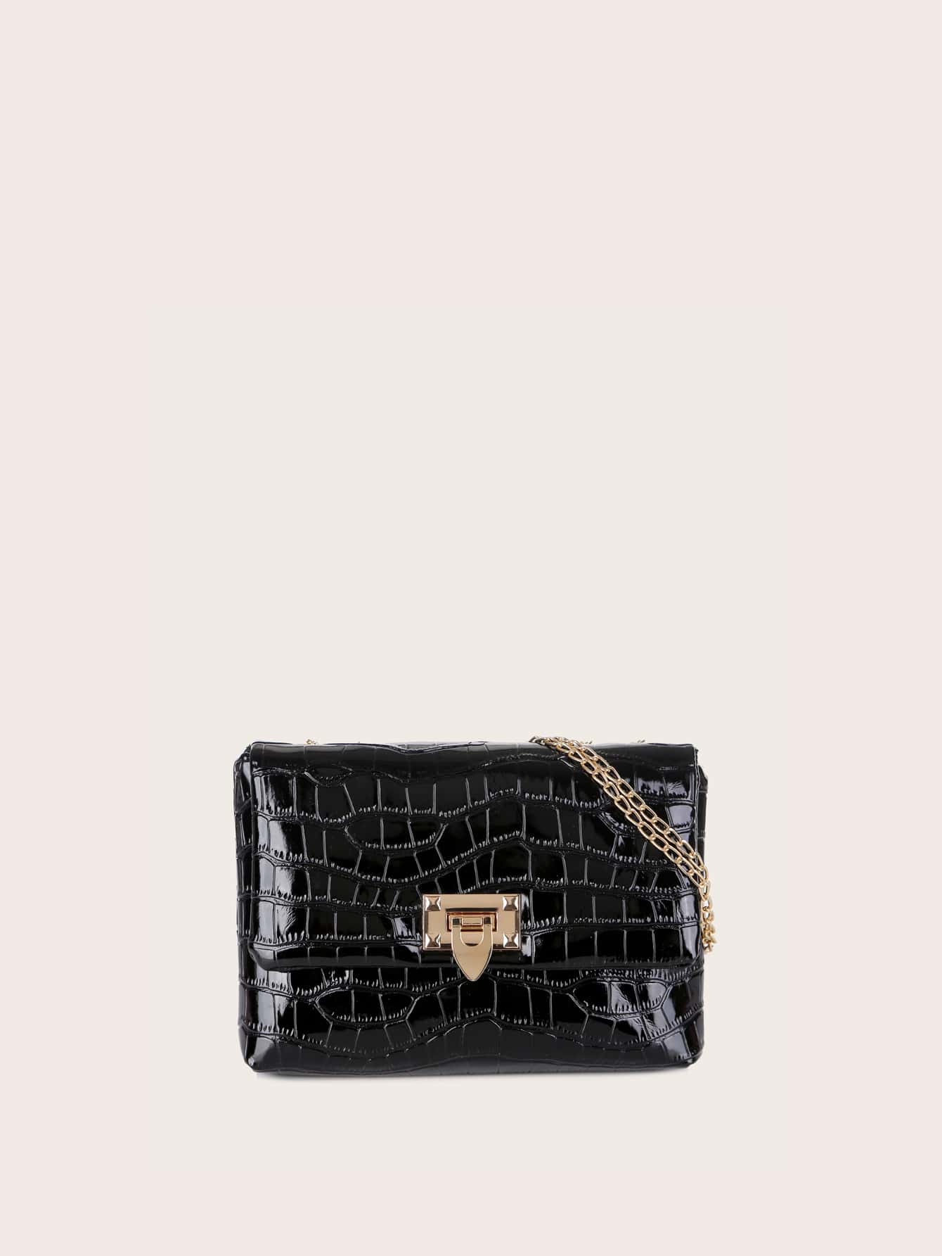 Bolso bandolera con cadena con cocodrilo en relieve - Negro - Ver 1