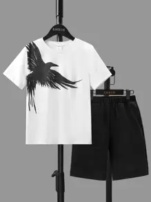 SHEIN Tween Boy Eagle Print Tee & Shorts - White - View 1
