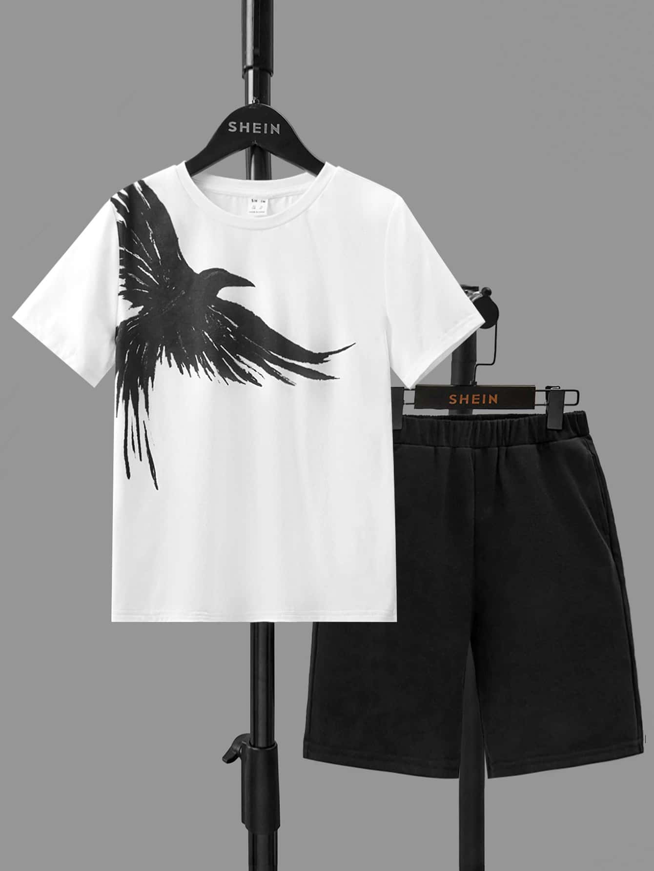 SHEIN Tween Boy Eagle Print Tee & Shorts - White - View 1