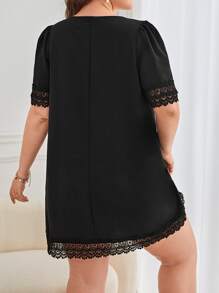 SHEIN Frenchy Plus Guipure Lace Insert Puff Sleeve Dress - Black - View 2