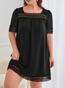 SHEIN Frenchy Plus Guipure Lace Insert Puff Sleeve Dress - Black - View 3