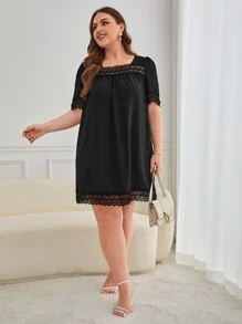 SHEIN Frenchy Plus Guipure Lace Insert Puff Sleeve Dress - Black - View 4