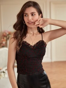 SHEIN Frenchy Frill Trim Heart Mesh Cami Top Casual Black - Black - View 3