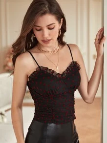 SHEIN Frenchy Frill Trim Heart Mesh Cami Top Casual Black - Black - View 4