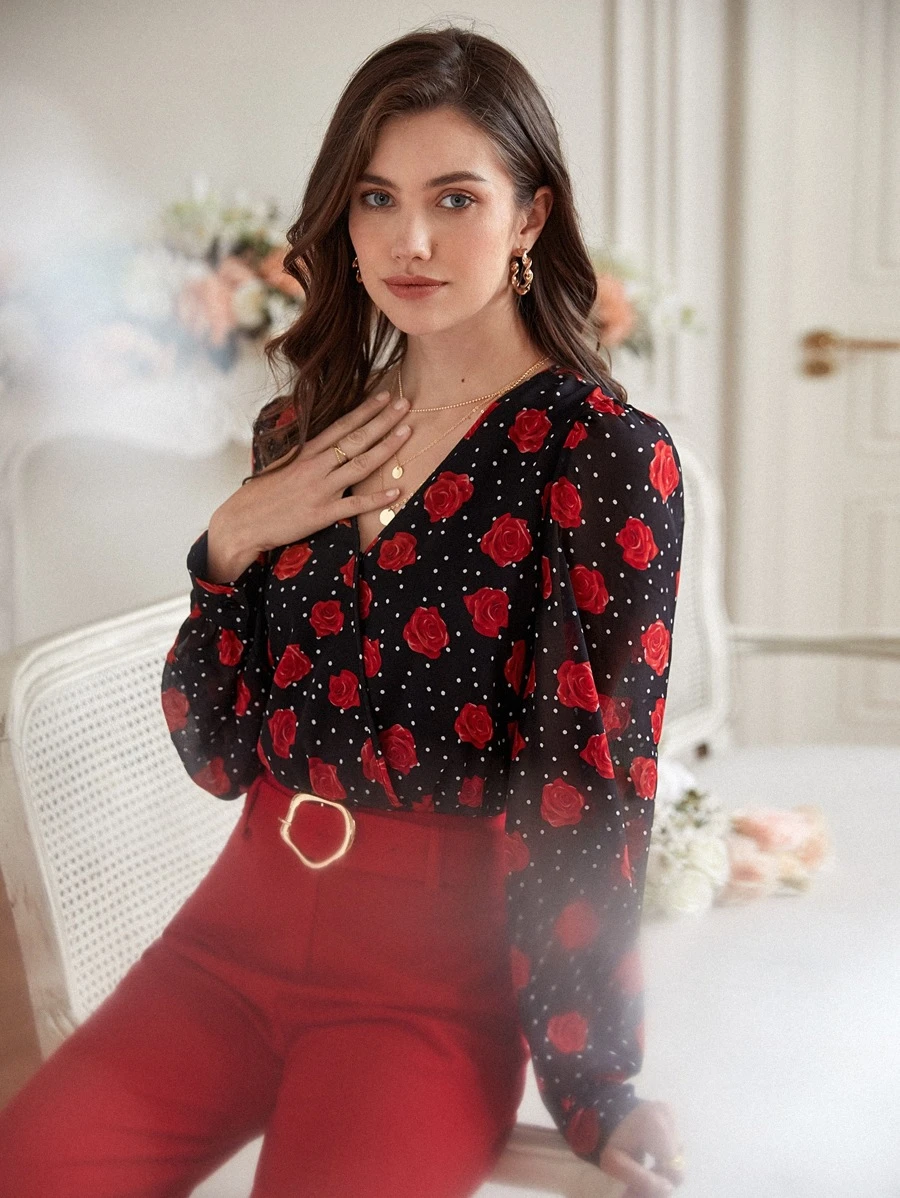 SHEIN Frenchy Polka Dot & Floral Print Bodysuit - Multicolor - View 1