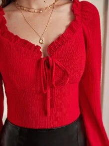 SHEIN Frenchy Frill Trim Knot Front Crop Top - Red - View 2