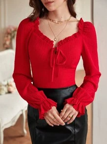 SHEIN Frenchy Frill Trim Knot Front Crop Top - Red - View 4