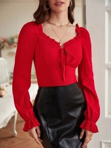 SHEIN Frenchy Frill Trim Knot Front Crop Top - Red - View 5