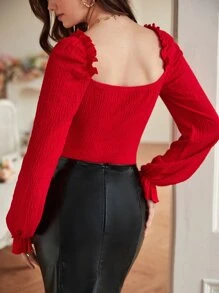 SHEIN Frenchy Frill Trim Knot Front Crop Top - Red - View 7