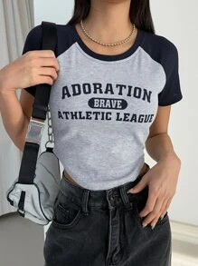 DAZY 字母图案撞色插肩袖T恤、短款上衣 女式学院风上衣 - 灰色 - 查看 4