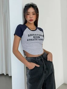 DAZY 字母图案撞色插肩袖T恤、短款上衣 女式学院风上衣 - 灰色 - 查看 9