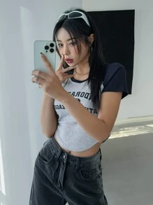 DAZY 字母图案撞色插肩袖T恤、短款上衣 女式学院风上衣 - 灰色 - 查看 5