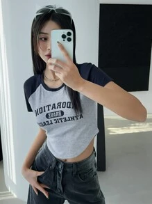 DAZY 字母图案撞色插肩袖T恤、短款上衣 女式学院风上衣 - 灰色 - 查看 7