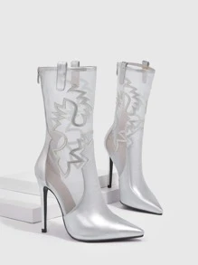 CUCCOO SZL Botas clásicas de color metálico panel con malla de punta con tacón delgado - Plateado - Ver 5