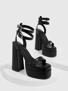 Xăng đan Cao gót Nữ In cá sấu Dây đeo mắt cá chân Thanh lịch - màu đen - Xem 4