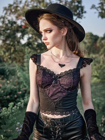 Goth Contrast Lace Ruffle Trim Top