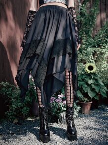 ROMWE Goth Asymmetrical Hem Contrast Lace Skirt,Ladies Casual Asymmetrical,Contrast Lace Midi Loose High Waist Black Halloween,Plain Women Skirts,Spring/Fall,Casual Daily Wear - Black - View 2