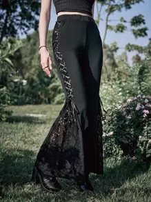 ROMWE Goth Contrast Lace Flare Leg Pants - Black - View 1